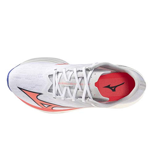 White running shoe with red and blue accents on a white background