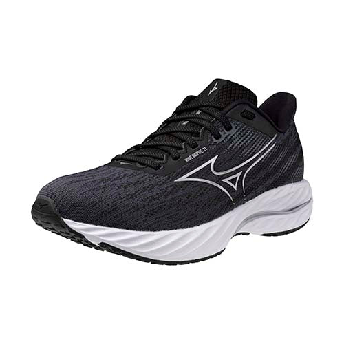 A pair of Mizuno women's running shoes, model Wave Inspire 21, in black color with white and silver accents.