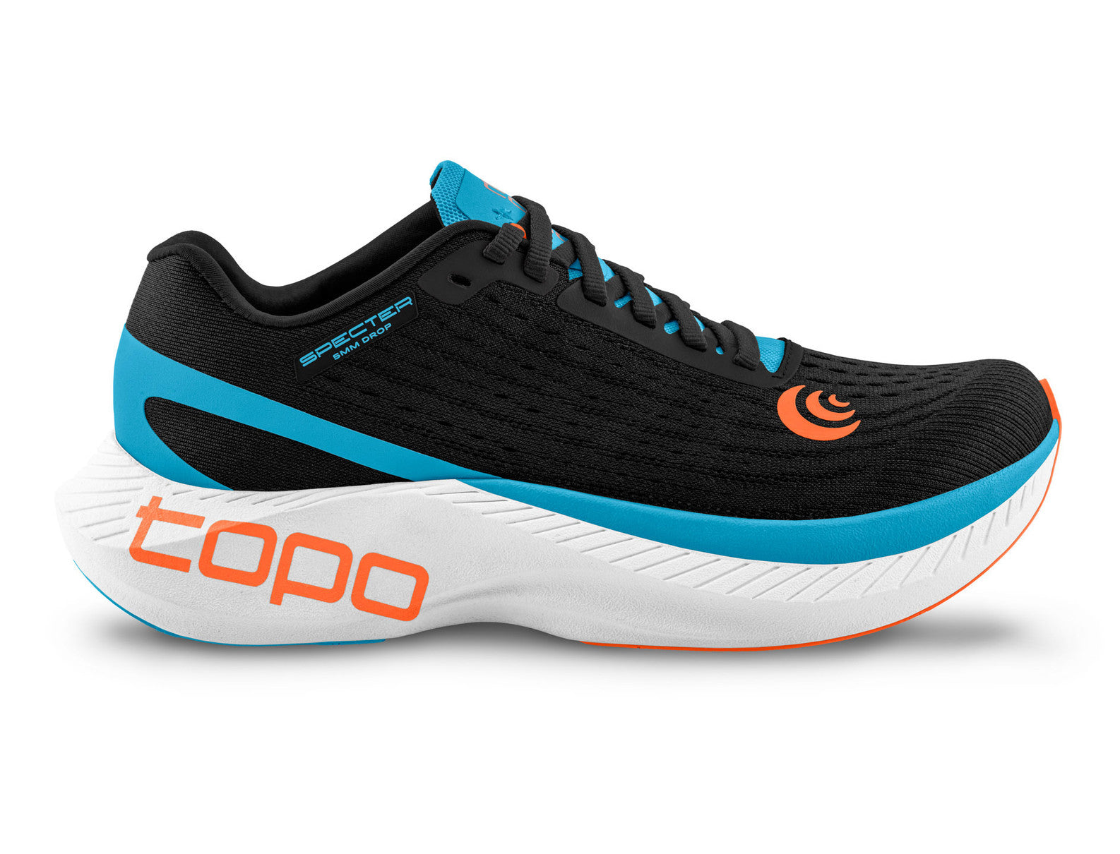 Topo Athletic Men's Specter running shoe, black/blue/orange side view