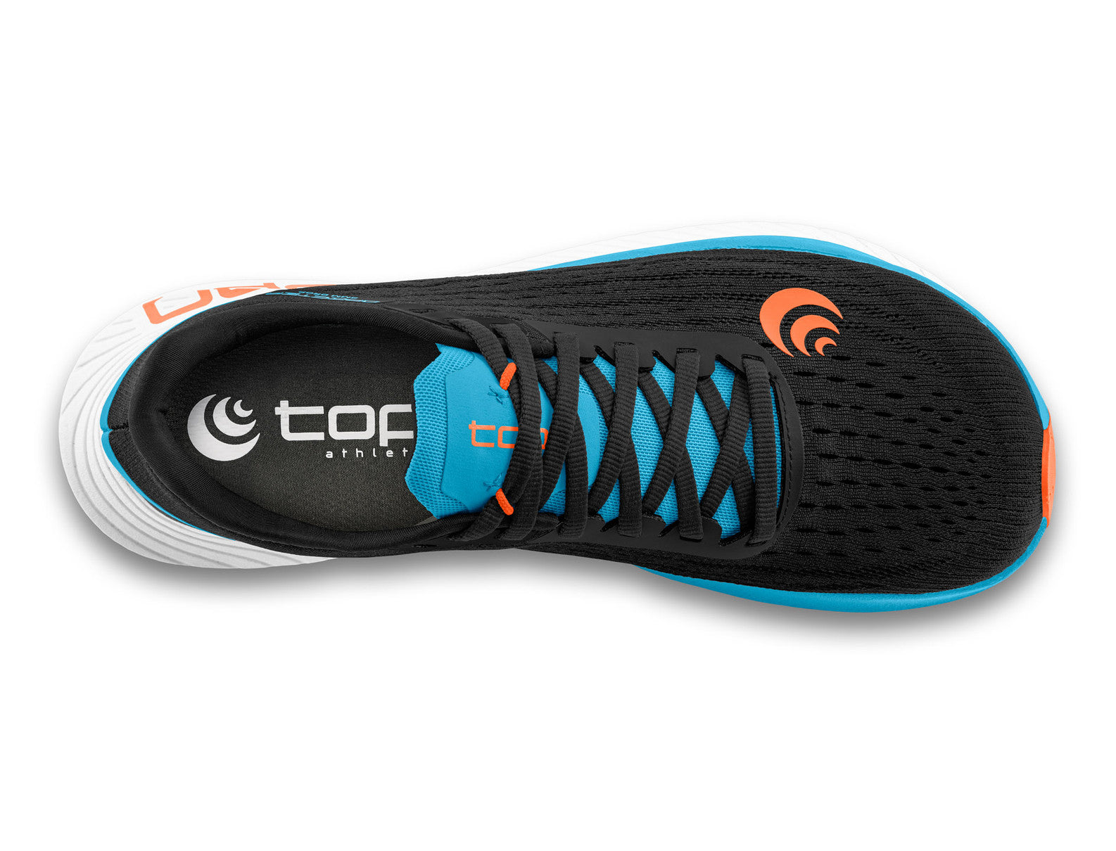 Topo Athletic Men's Specter running shoe, black/blue/orange top view