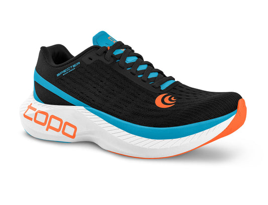 Topo Athletic Men's Specter running shoe, black/blue/orange side view
