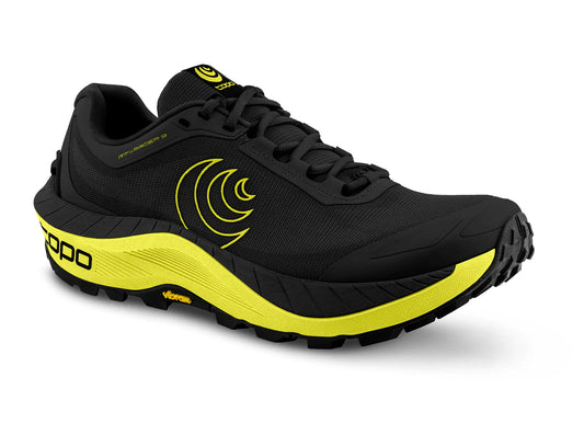 A black and lime Topo MTN Racer 3 trail running shoe with a distinctive design on the sole and a logo on the side.