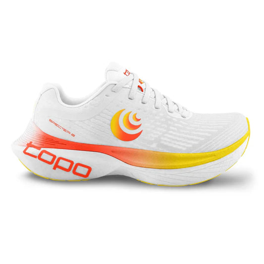 A white running shoe with orange and yellow accents, featuring a mesh upper and a logo on the side.