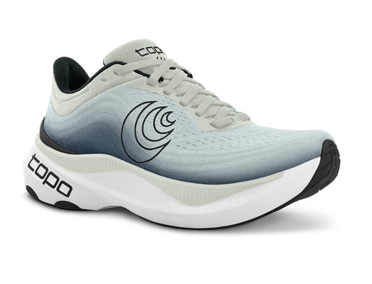 A pair of Topo Aura running shoes in grey and charcoal colors, featuring a stability design with a Y-Frame Guidance System and ZipFoam midsole.