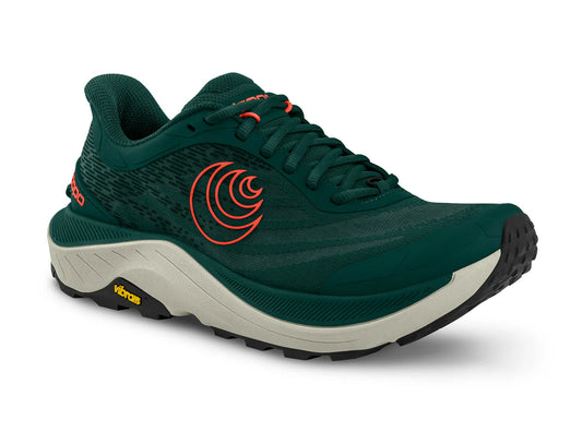 A green Topo Ultraventure 4 trail running shoe with orange accents and a white sole.