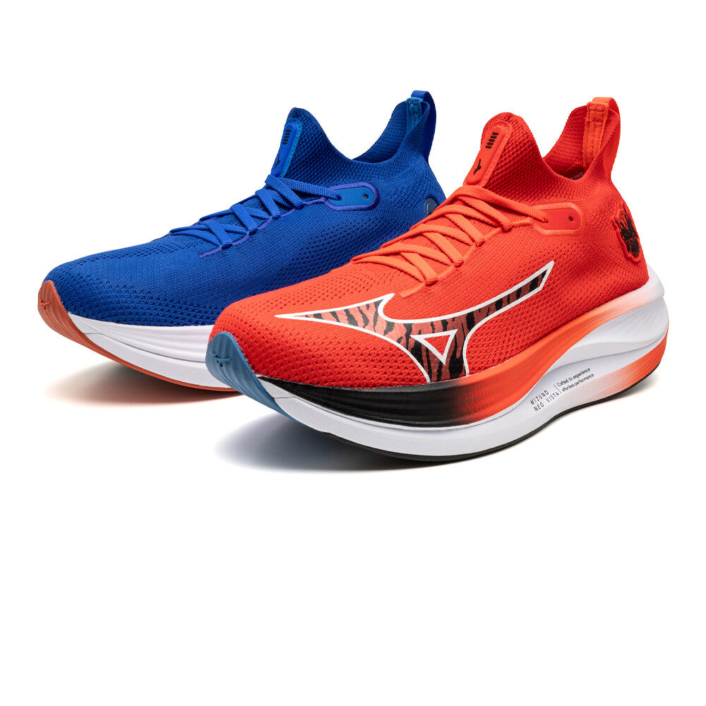 A pair of Mizuno Neo Vista unisex running shoes, one in blue color and the other in red, displayed against a white background.