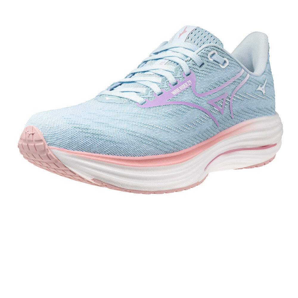 Light blue and pink running shoe on a white background