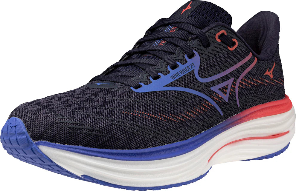 Black running shoe with blue and red accents on a white background