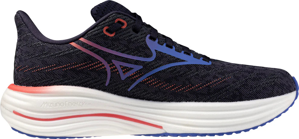 Black running shoe with colorful design on a white background