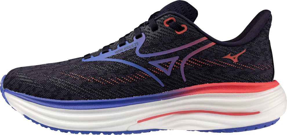 Black running shoe with red and blue accents on a white background