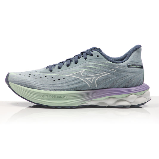 Mizuno Women's Wave Skyrise 6 running shoes in blue and green color, with lace-up closure and Mizuno logo on the side.