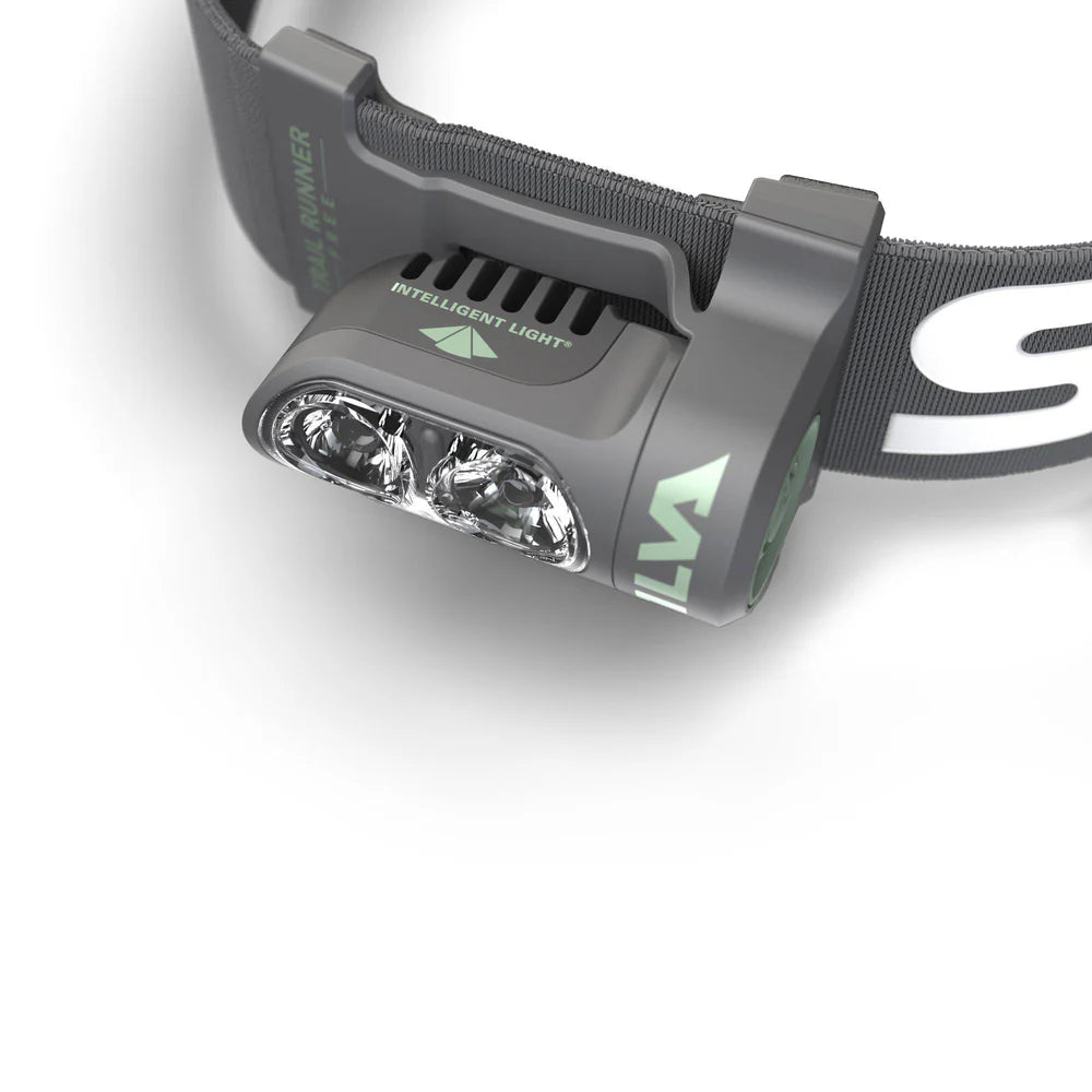 Gray headlamp with strap on a white background