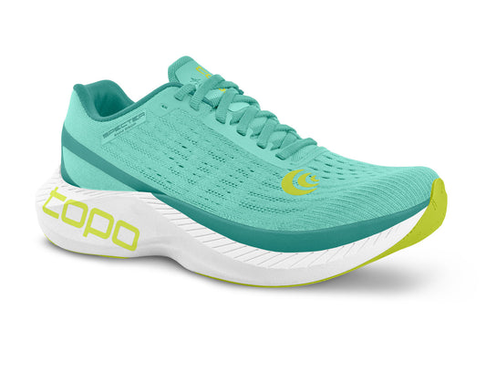 Topo Athletic Women's Specter running shoe, aqua/lime side view