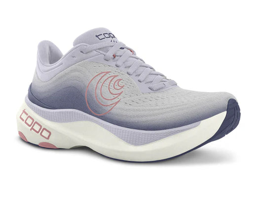 A pair of Topo women's running shoes in purple and lilac color with a white sole.