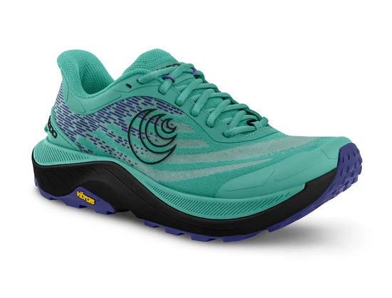 A women's Topo Ultraventure 4 trail running shoe in blue color with a black sole, designed for trail running.