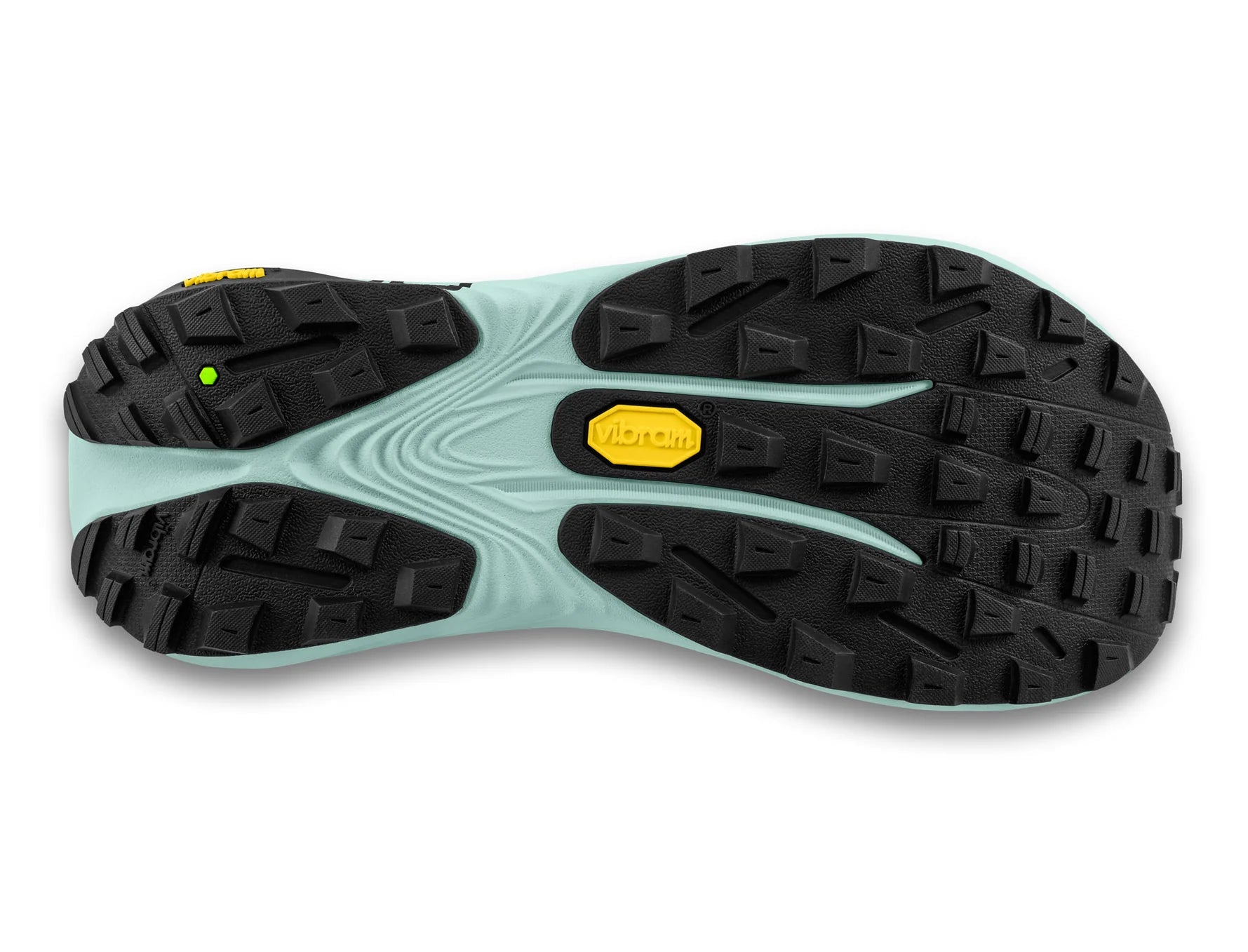 outsole of Black and mint Topo trail running shoe