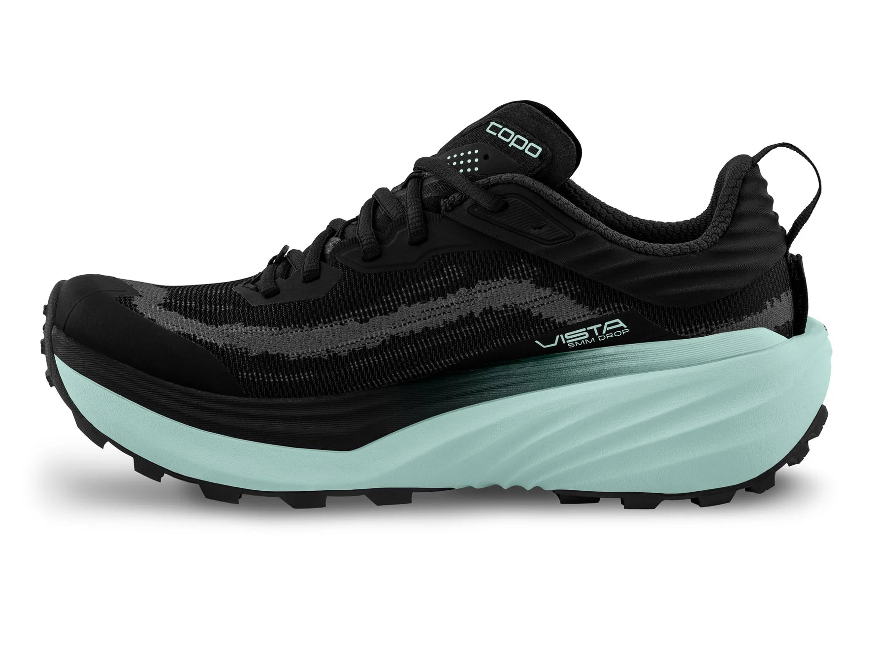 Black and mint Topo trail running shoe