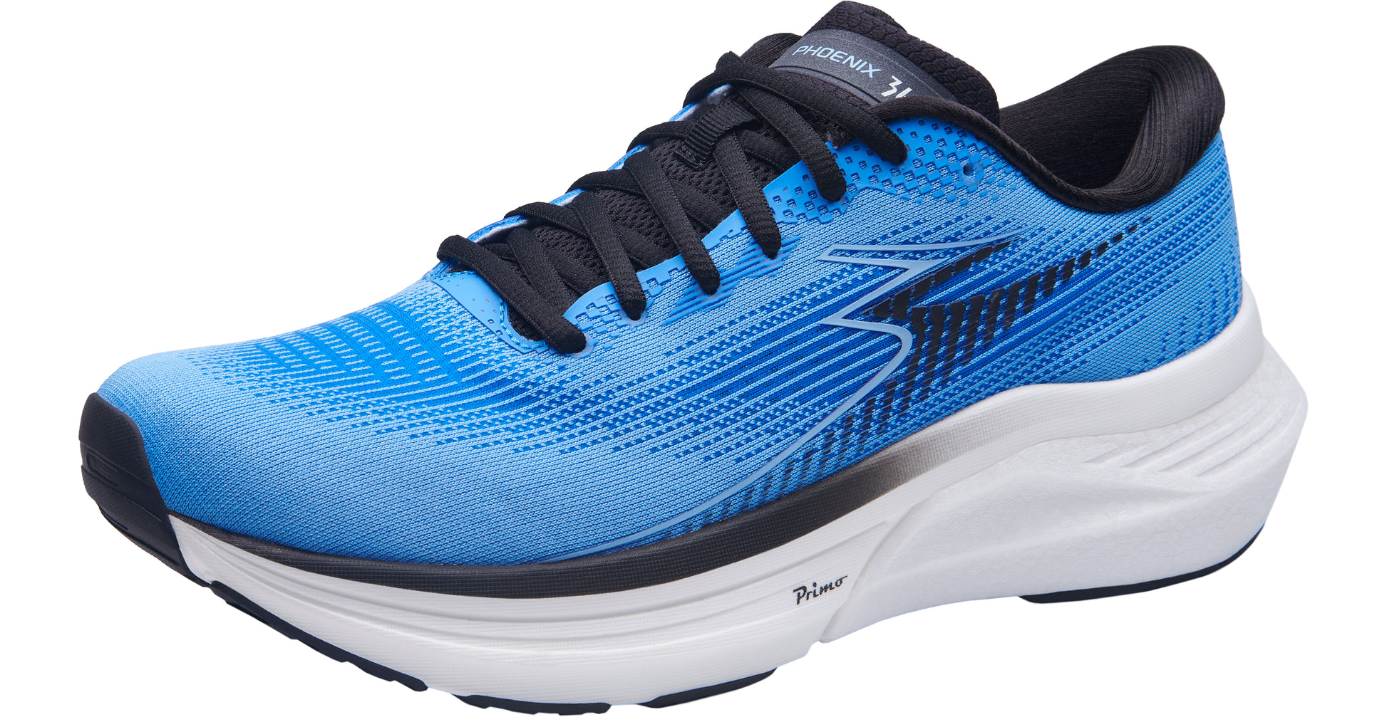 A pair of blue 361 men's running shoes with black and white details.
