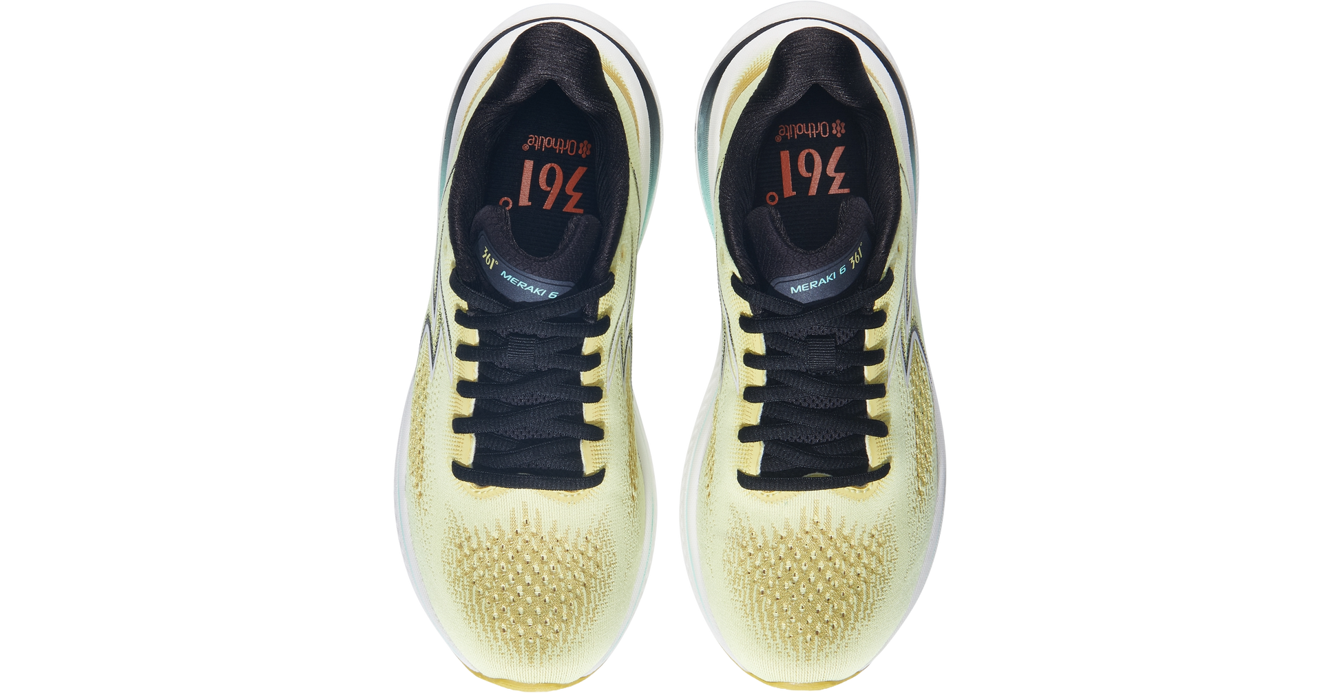361 Meraki 6 yellow running shoe top view pair