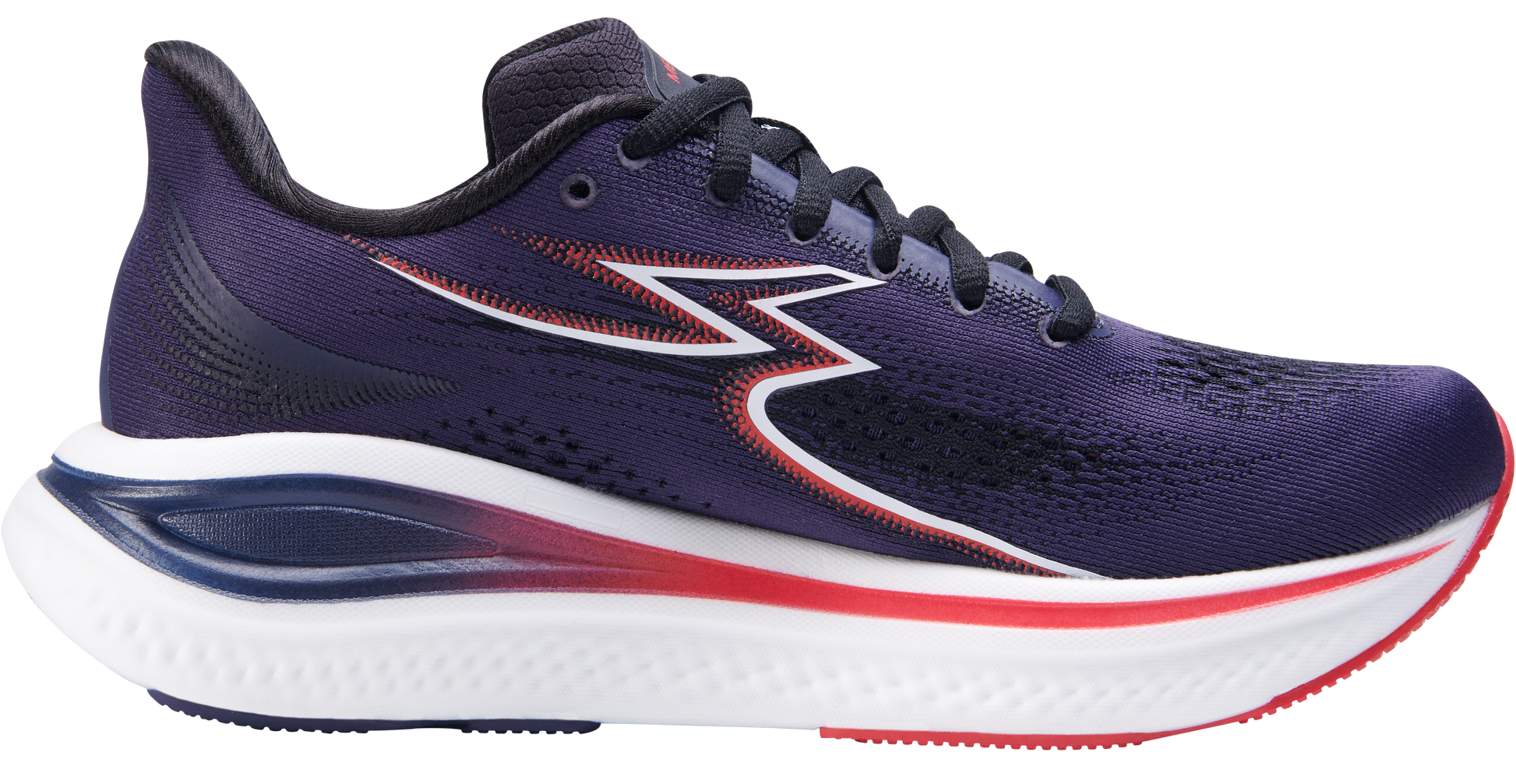 361° women's Meraki 6 running shoe dark purple, red, white side view