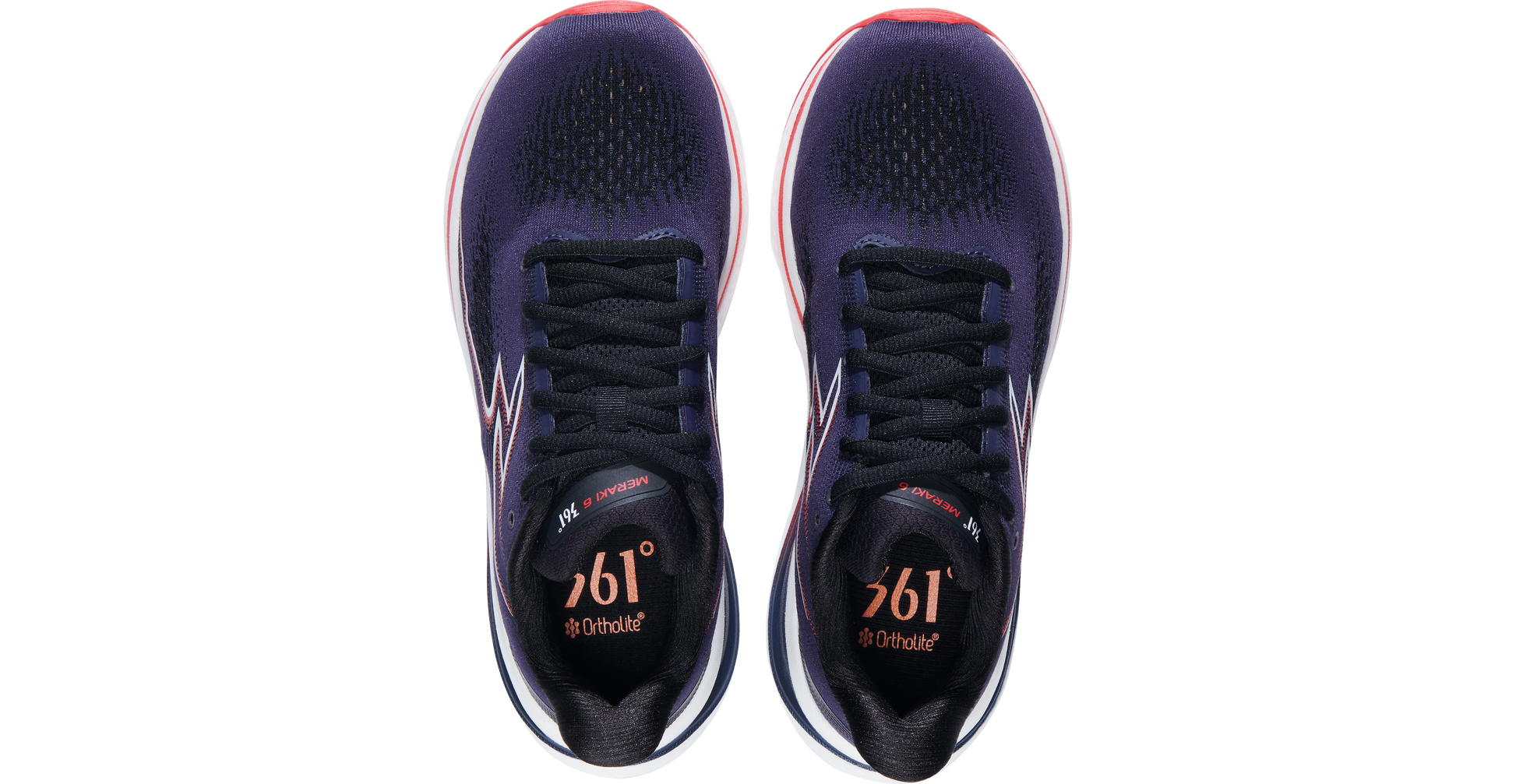 361° women's Meraki 6 running shoe dark purple, red, white top view pair