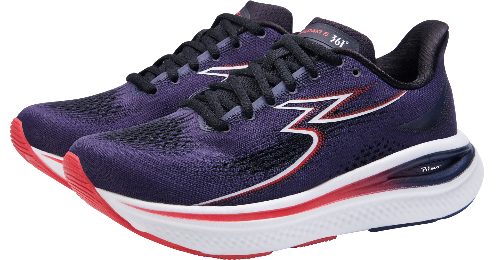 361° women's Meraki 6 running shoe dark purple, red, white pair side view