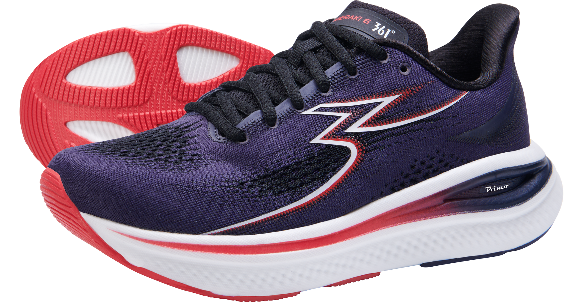 361° women's Meraki 6 running shoe dark purple, red, white pair side view