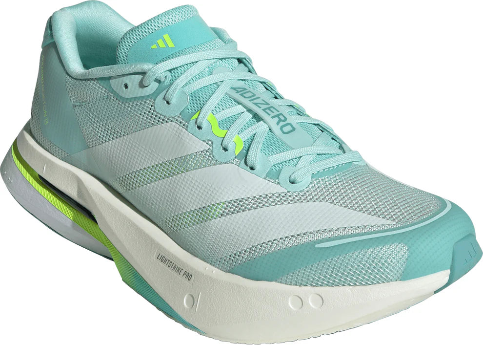 Light blue running shoe with white sole on a white background