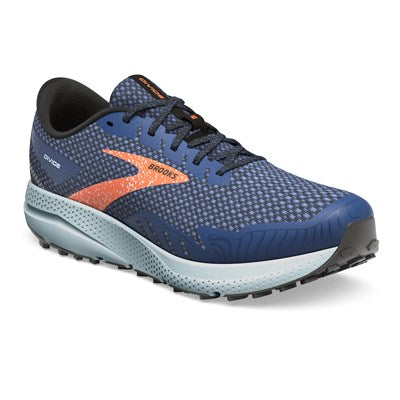 A pair of Brooks Divide 4 trail running shoes for men, featuring a blue upper with orange and gray accents, and a black sole.