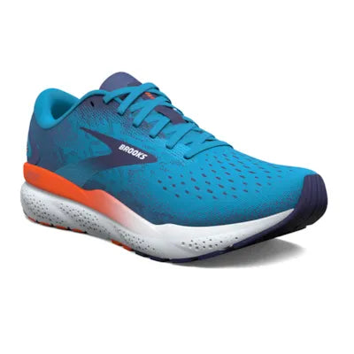 A pair of blue Brooks Ghost 16 running shoes with orange and white accents.