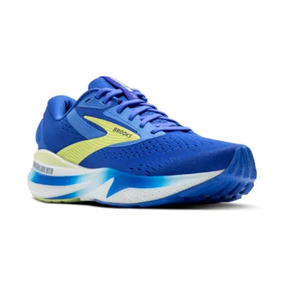 A pair of blue Brooks Adrenaline GTS 24 running shoes with yellow accents and visible cushioning.