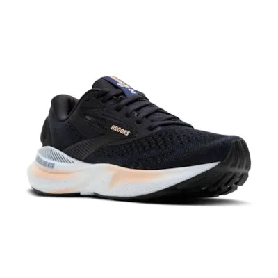 A pair of Brooks women's Adrenaline GTS 24 running shoes in black color with white and pink accents.
