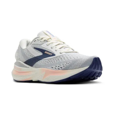 A pair of Brooks women's Adrenaline GTS 24 running shoes with white, blue, and pink colors