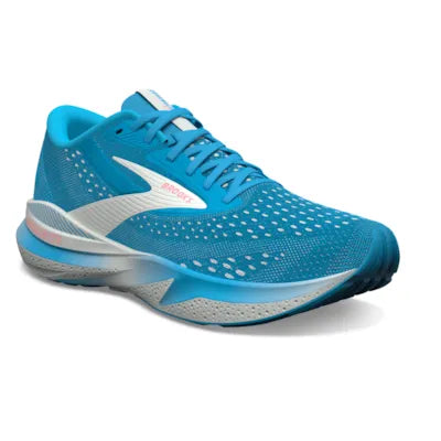 A blue pair of Brooks women's Adrenaline GTS 24 running shoes with white and silver accents.