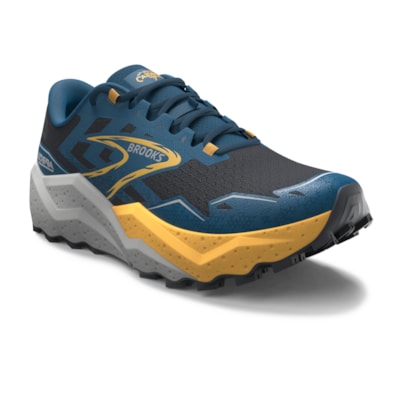 A pair of Brooks Caldera 7 trail running shoes for men, featuring a blue upper with yellow accents and a gray sole.