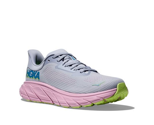 Hoka Arahi 7 women's stability running shoe gray and pink front angled side view