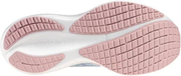 Close-up of a shoe sole with pink tread pattern on a white background