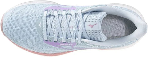Light blue running shoe with pink accents on a white background