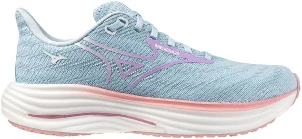 Blue running shoe with pink accents on a white background