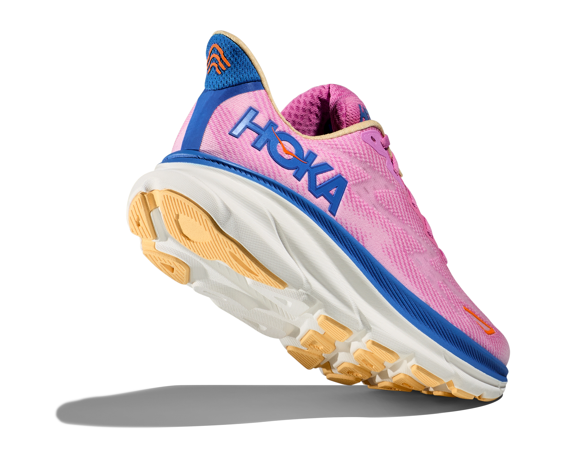 Hoka running shoe for Women. Clifton 9 is pink with blue details.