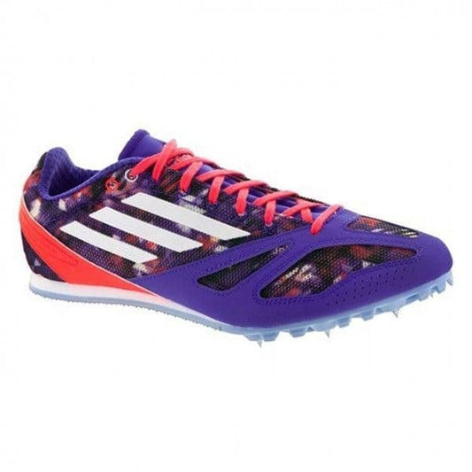 Adidas track spike shoe. Blue, orange with white stripe logo design.
