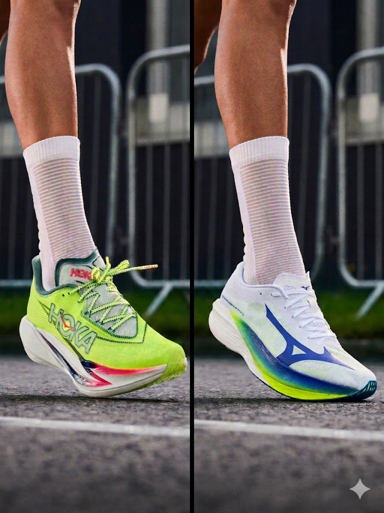 Yellow Hoka running shoe on foot and white mizuno running shoe on foot