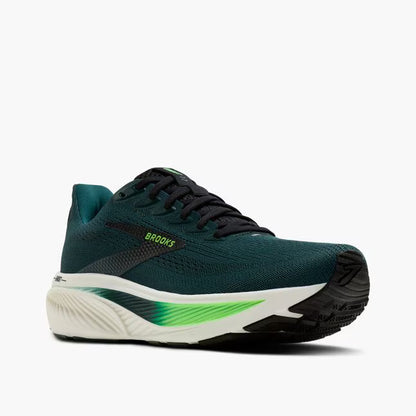Green running shoe with black and white sole on a white background
