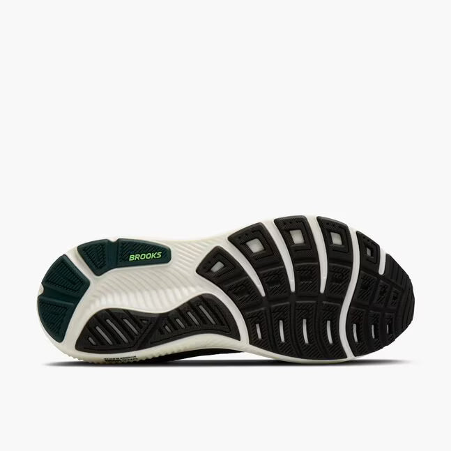 Black and white running shoe sole with 'Brooks' branding on a white background