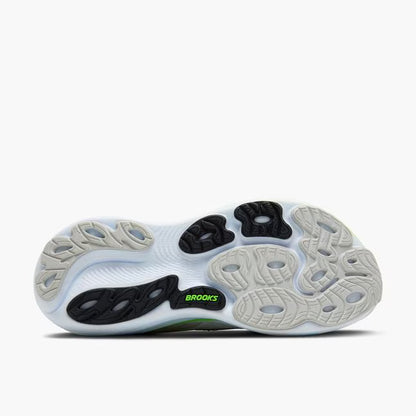 Sole of a running shoe with 'Brooks' branding on a white background