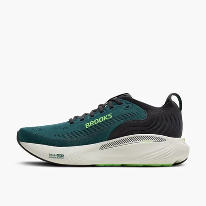 Green and black running shoe with 'Brooks' branding on a white background