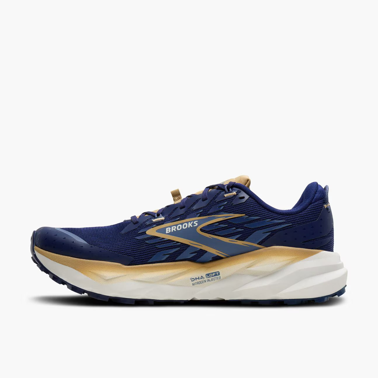 Blue and gold running shoe with 'Brooks' branding on a white background