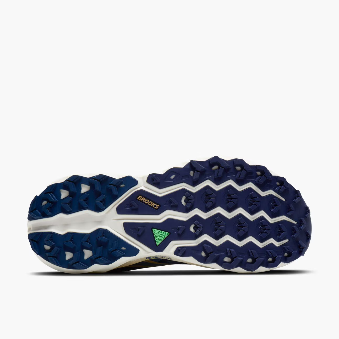 Blue and white running shoe with visible 'Brooks' branding on a white background