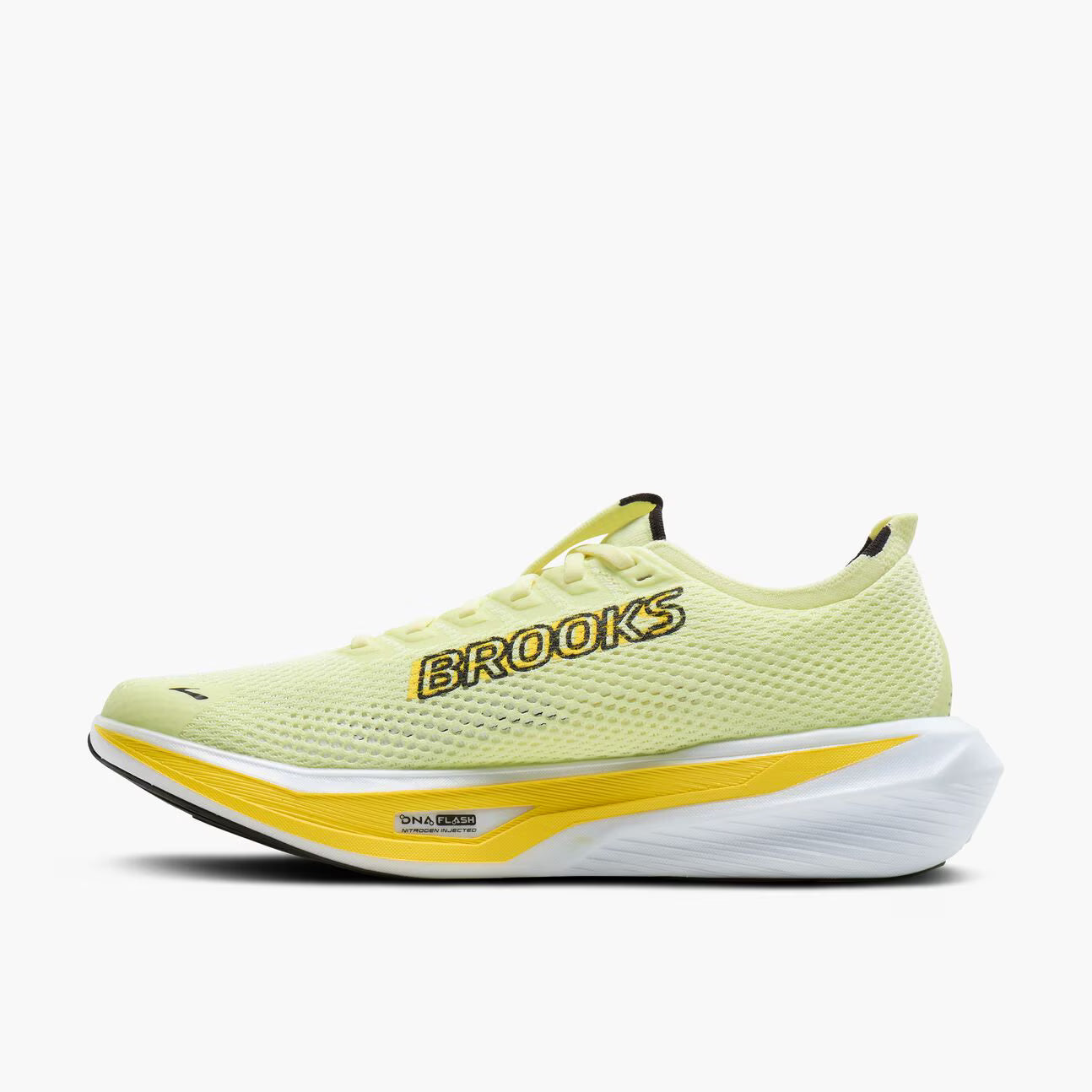 Light yellow running shoe with yellow sole and Brooks logo on a white background