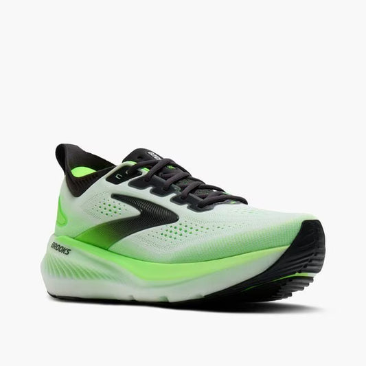 White and green running shoe with black accents on a white background